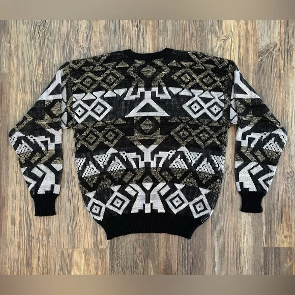 Vtg Expressions Knit Sweater Mens XL Black Gray Brown Abstract Grandpa Eclectic - Picture 2 of 8